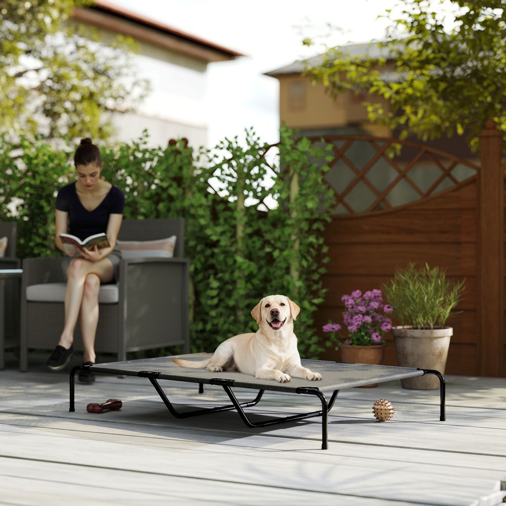 Lit surélevé pour grand chien en acier et textilène gris 152 x 94 x 23 cm respirant pour jardin et terrasse
