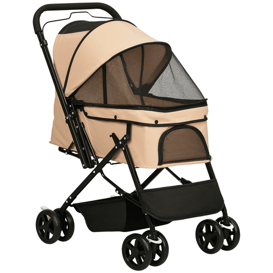 Poussette petit chien chat guidon réversible pliable avec panier 76,5x52x95 cm marron clair