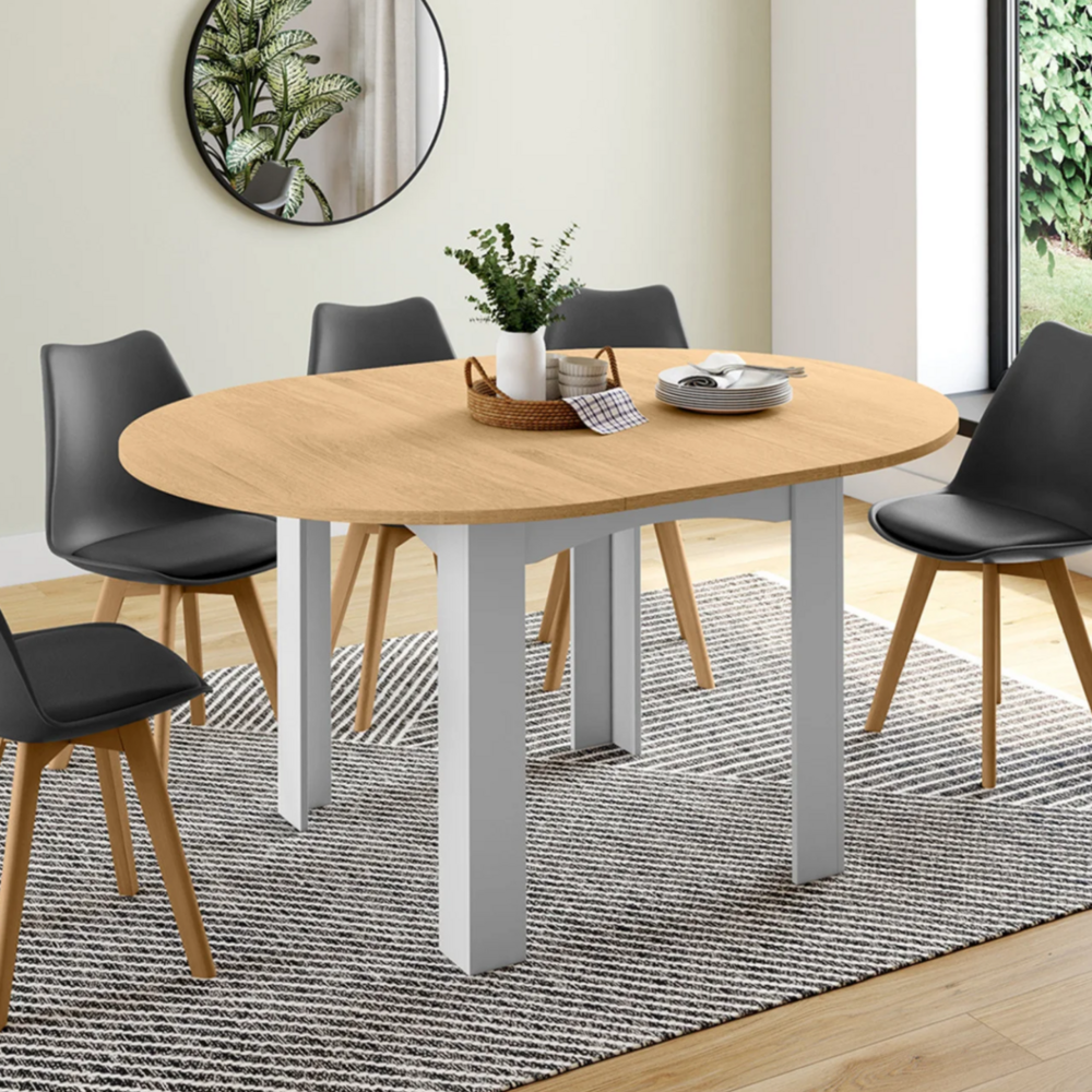 Table à manger extensible ronde dona 4-8 personnes blanche plateau façon hêtre 110-150 cm