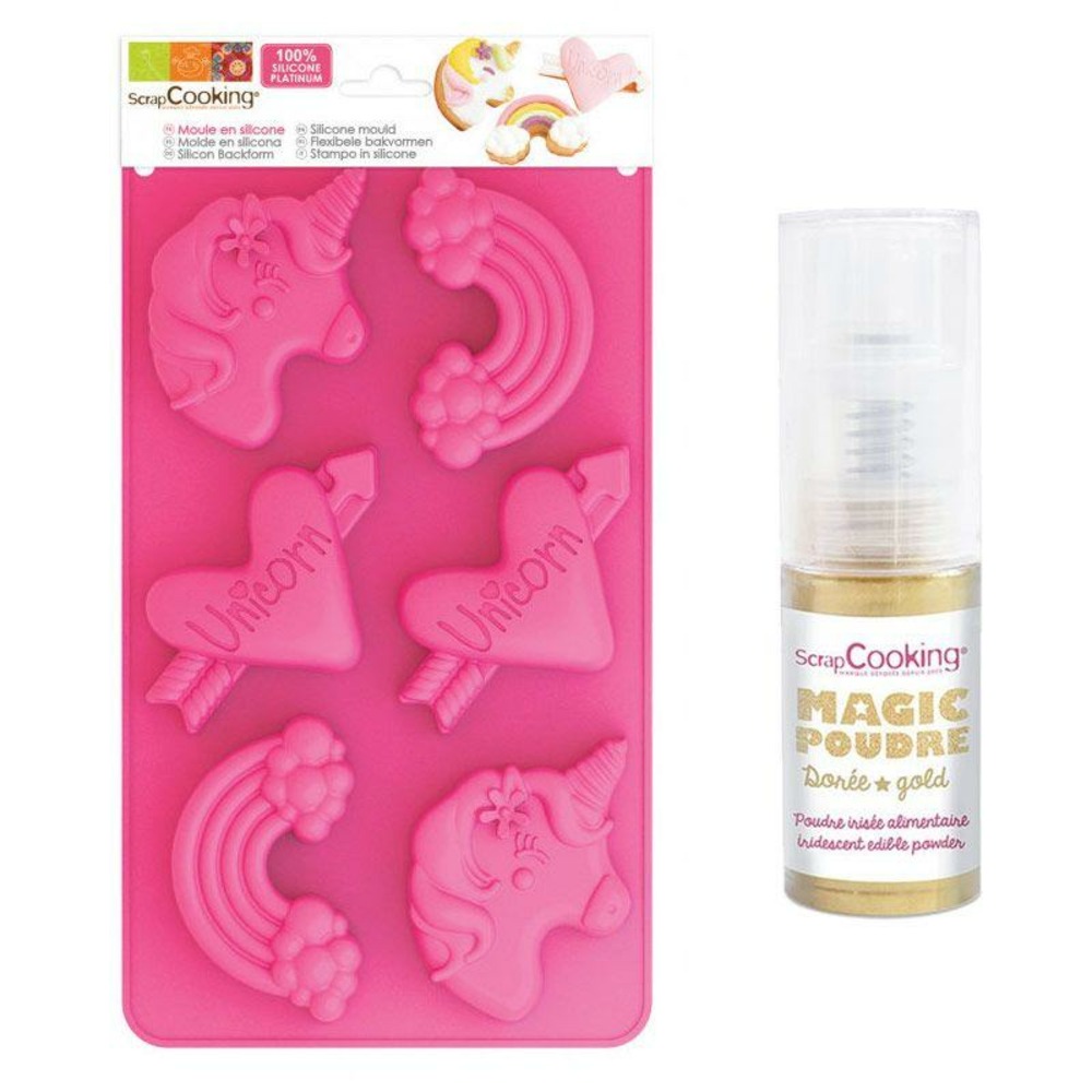 Moule en silicone licornes + 1 poudre alimentaire irisée dorée