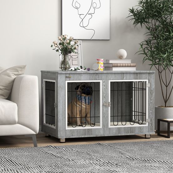 Cage chien intérieur bois acier coussin lavable double porte 90cm gris