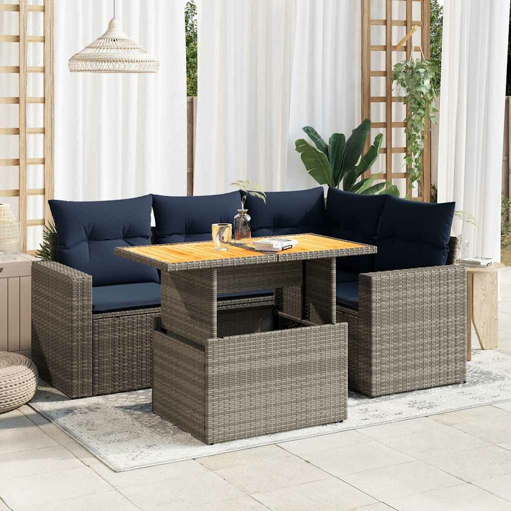 Salon de jardin 5 pcs avec coussins gris résine tressée