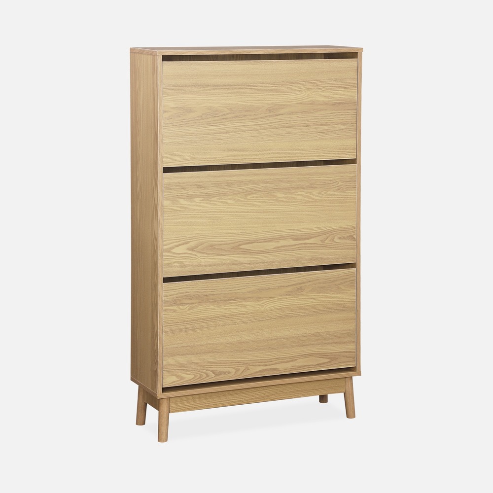 Meuble à chaussures scandinave décor bois 3 portes abattantes capacité 18 paires de chaussures