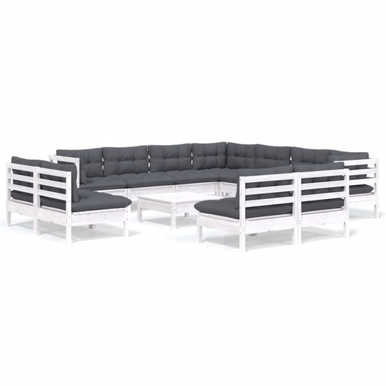 Salon de jardin 12 pcs avec coussins blanc bois de pin solide