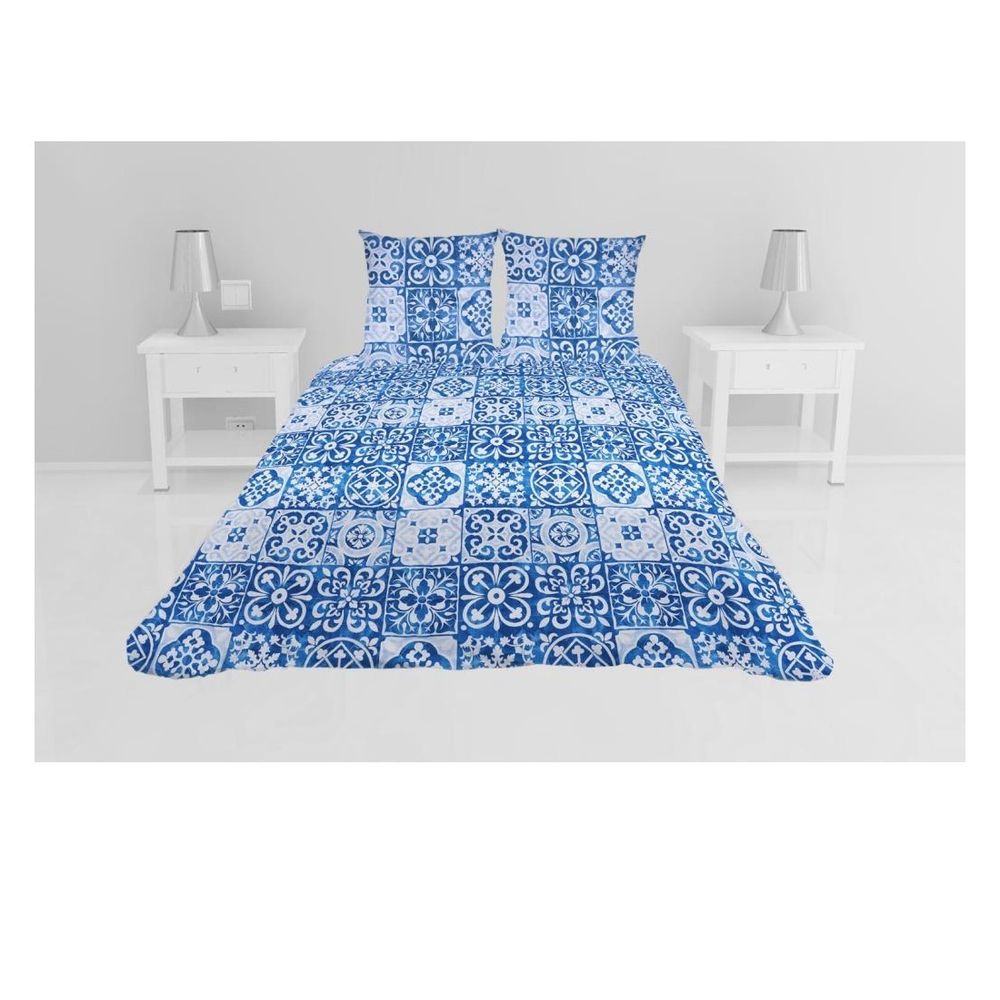 Couvre lit microfibre + taies 220 x 240 cm persan bleu