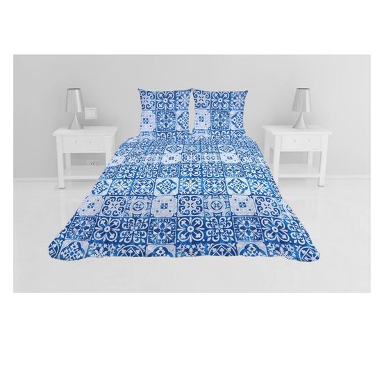 Couvre lit microfibre + taies 220 x 240 cm persan bleu