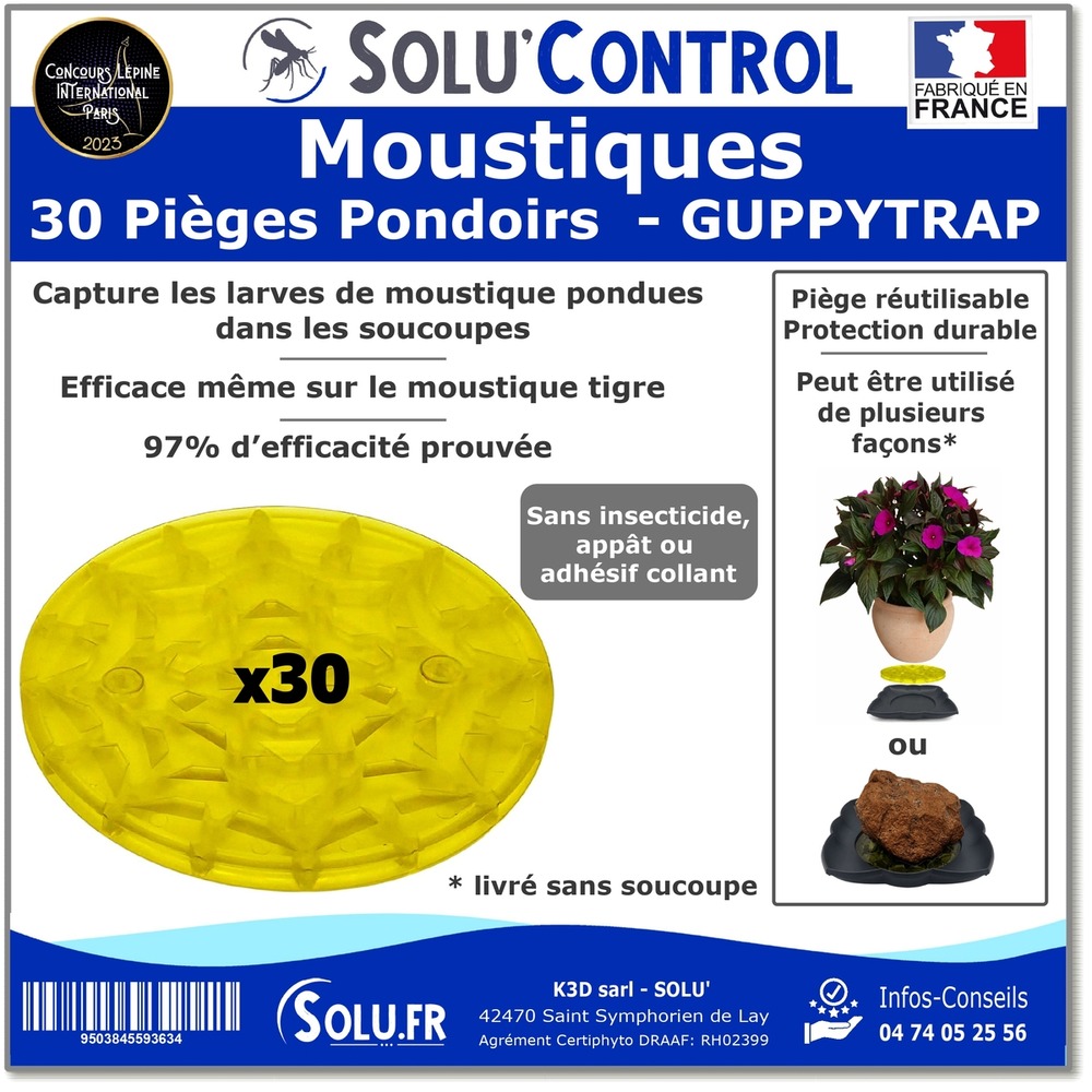 30 guppy trap, piège pondoir à moustiques, sans produit, sans adhésif, médaille d'argent concours lépine 2023, livré sans coupelle