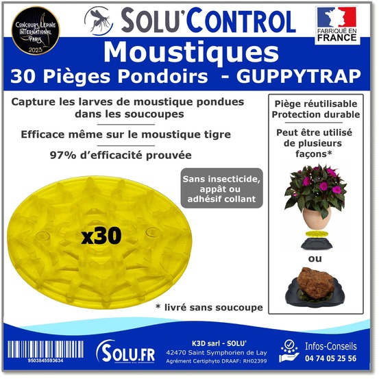 30 guppy trap, piège pondoir à moustiques, sans produit, sans adhésif, médaille d'argent concours lépine 2023, livré sans coupelle