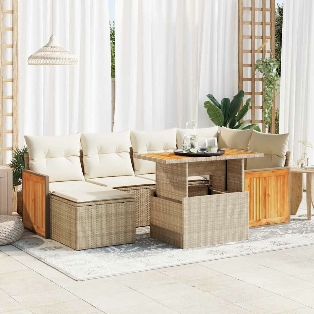 Salon de jardin avec coussins 7 pcs beige résine tressée acacia