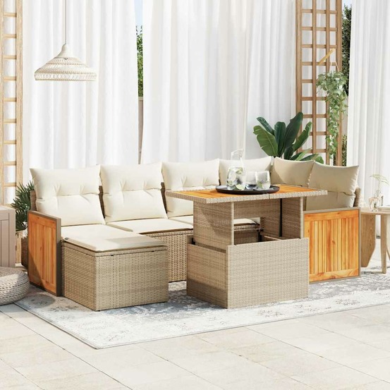 Salon de jardin avec coussins 7 pcs beige résine tressée acacia