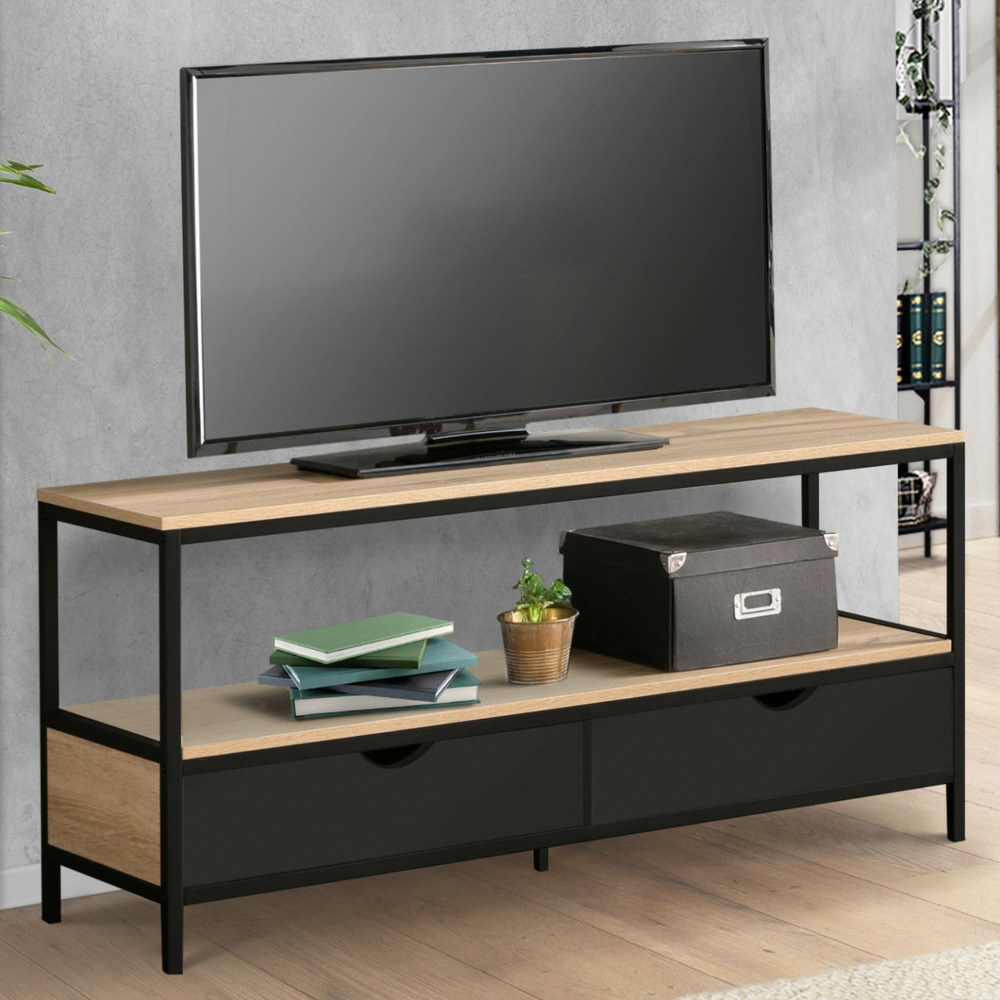 Meuble tv 113 cm boston 2 tiroirs noirs design industriel
