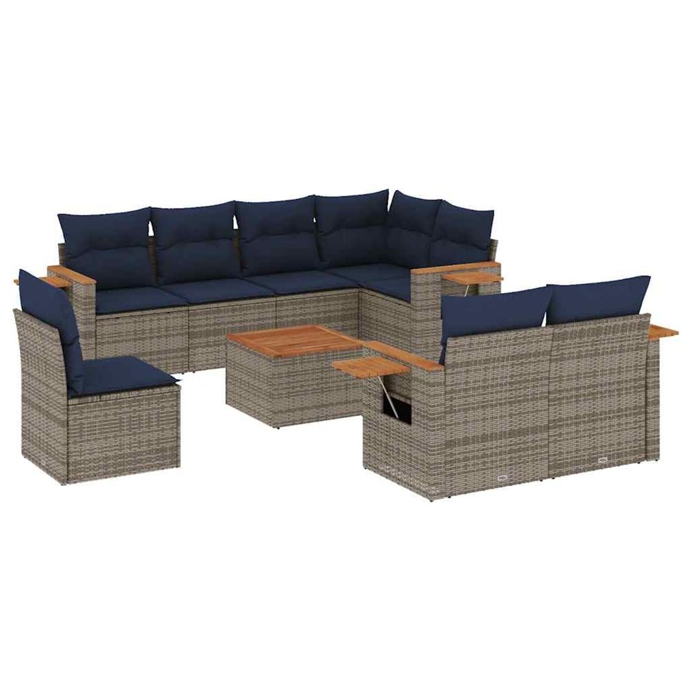 Salon de jardin 9 pcs avec coussins gris résine tressée