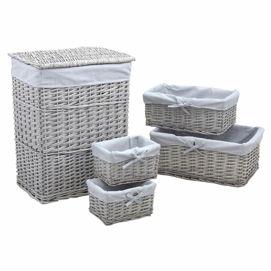 Panier à linge avec corbeilles en éclisse grise (lot de 5)