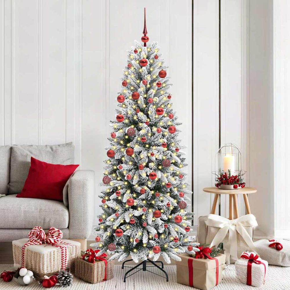 Kit sapin de noël artificiel 180 cm blanc, style enneigé avec éclairage led et 121 ornements