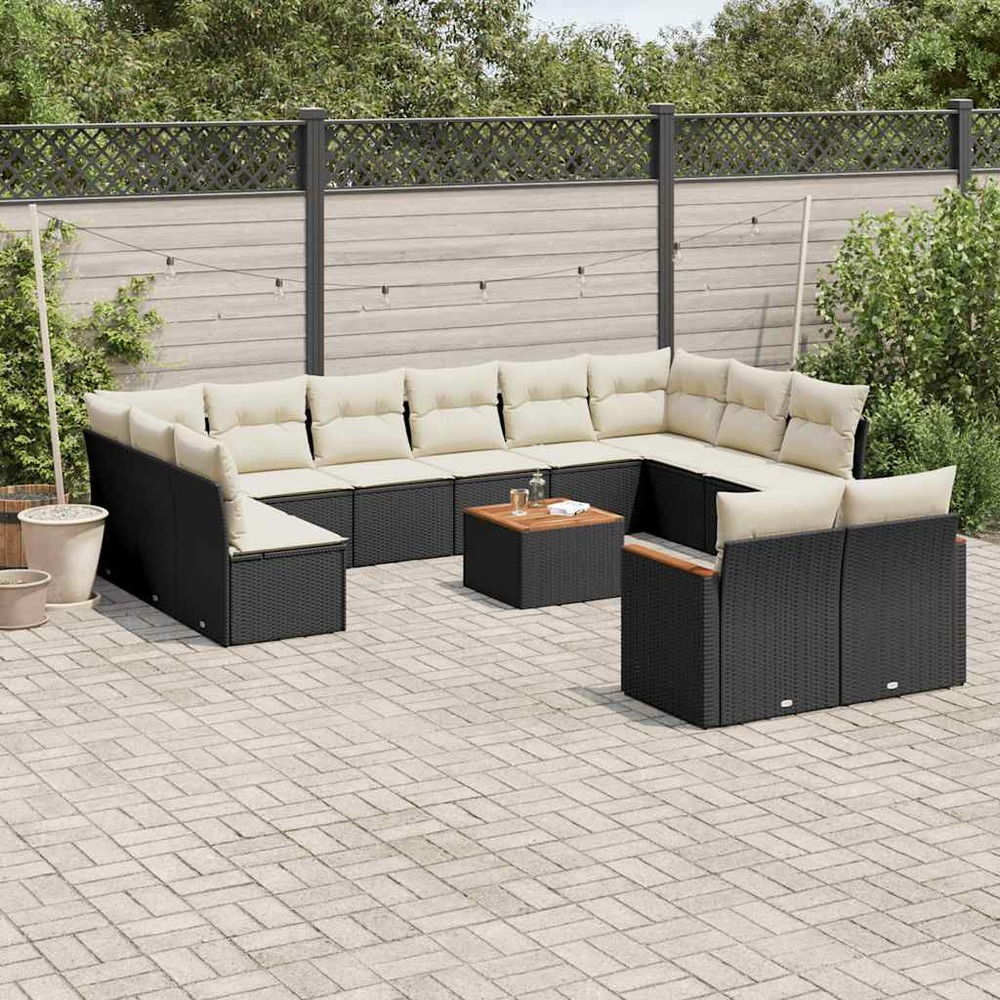 Salon de jardin avec coussins 13 pcs noir résine tressée