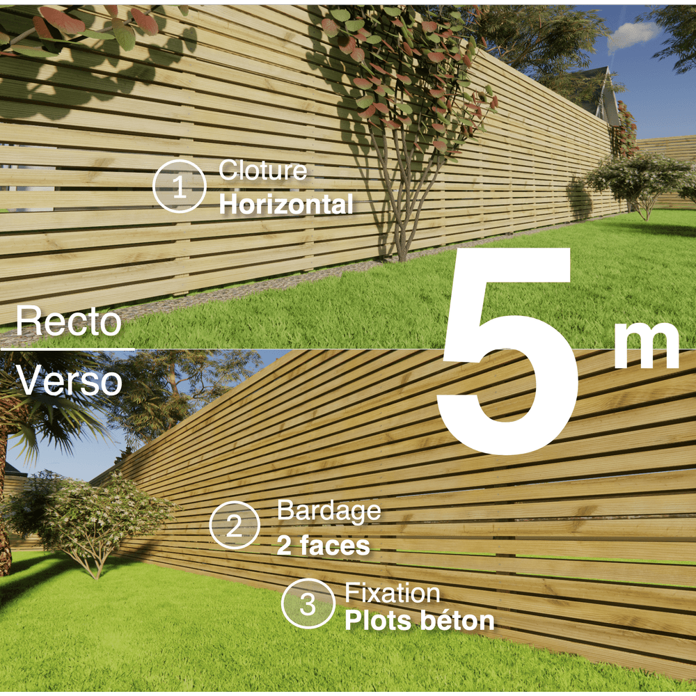 Kit clôture bois moderne 5m – h 2,3m – 20 x 60 mm autoclave vert – pose horizontal – double face – à sceller