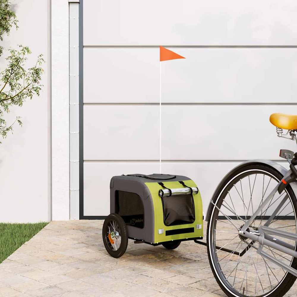 Remorque vélo pour chien en fer et tissu oxford pour transport sécurisé vert et gris
