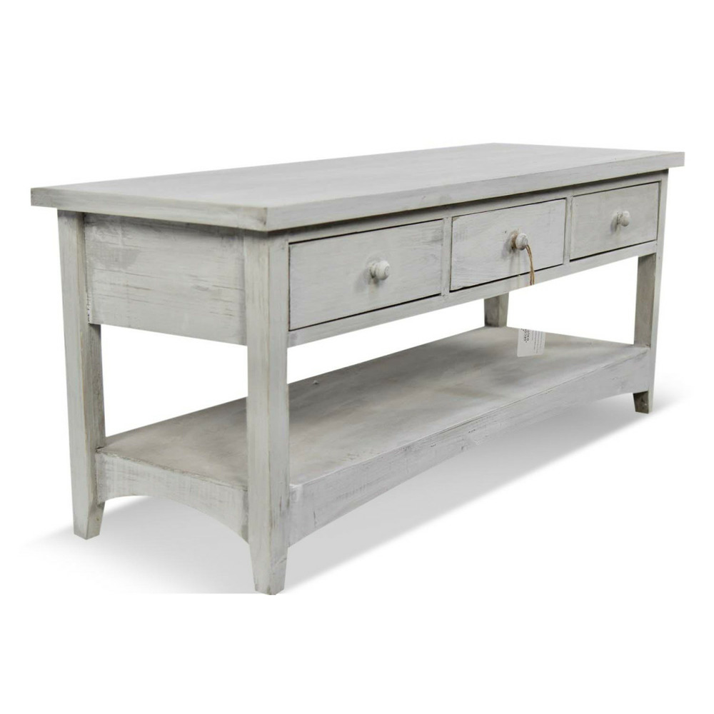 Table basse 3 tiroirs bois cerusé blanc 110x38x45cm