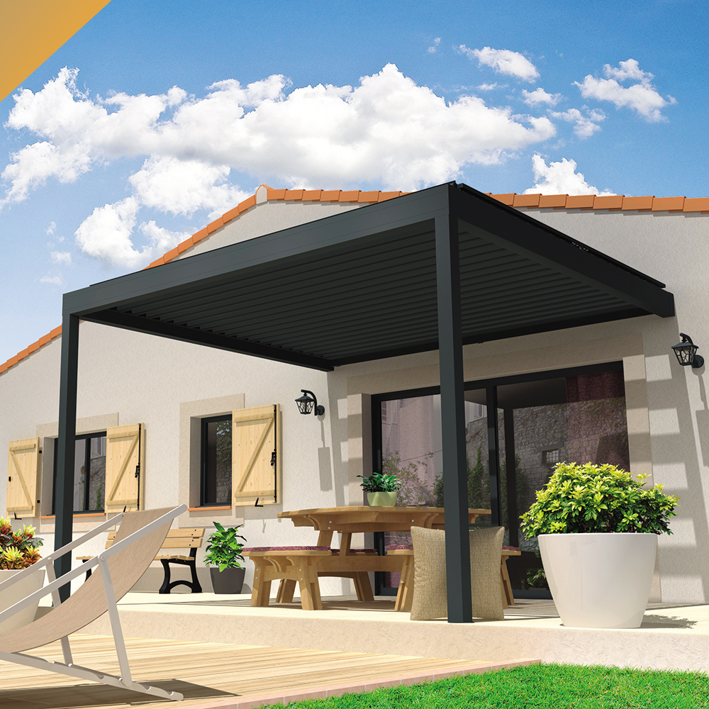 Pergola bioclimatique lolite 4,00x4,613 m vérin à télécommande (gris anthracite stucturé ral7016st)
