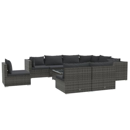 Salon de jardin 10 pcs avec coussins résine tressée gris