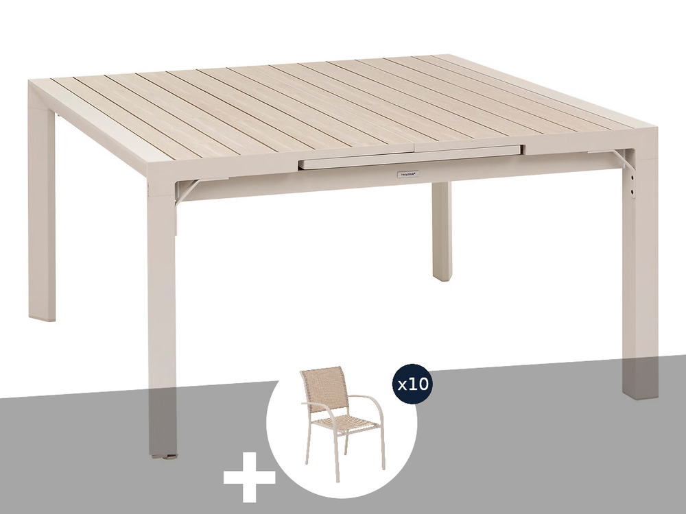 Table de jardin carrée extensible alu evasion 8/10 places beige/lin + 10 fauteui