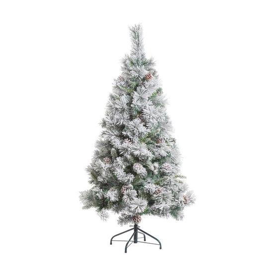 Sapin de noël artificiel vert floqué enneigé et pommes de pin h 150 cm