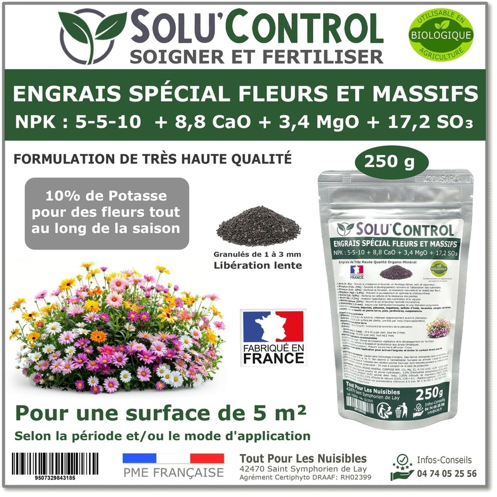 250 g - engrais spécial fleurs et massifs npk 5-5-10 - favorise une floraison abondante, éclatante et durable - uab
