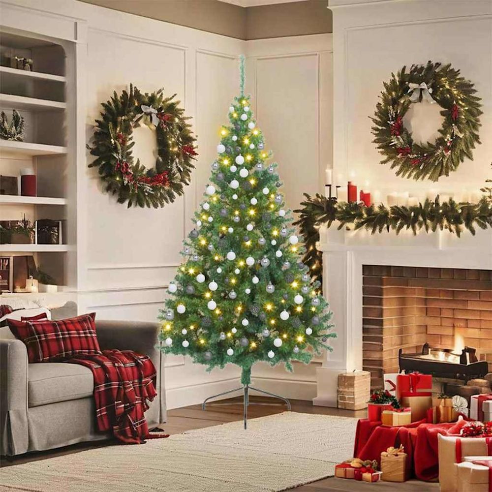 Sapin de noël complet 180 cm pour salon, avec guirlande led et boules rouges/or