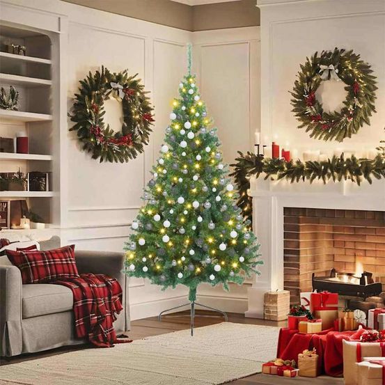 Sapin de noël complet 180 cm pour salon, avec guirlande led et boules rouges/or