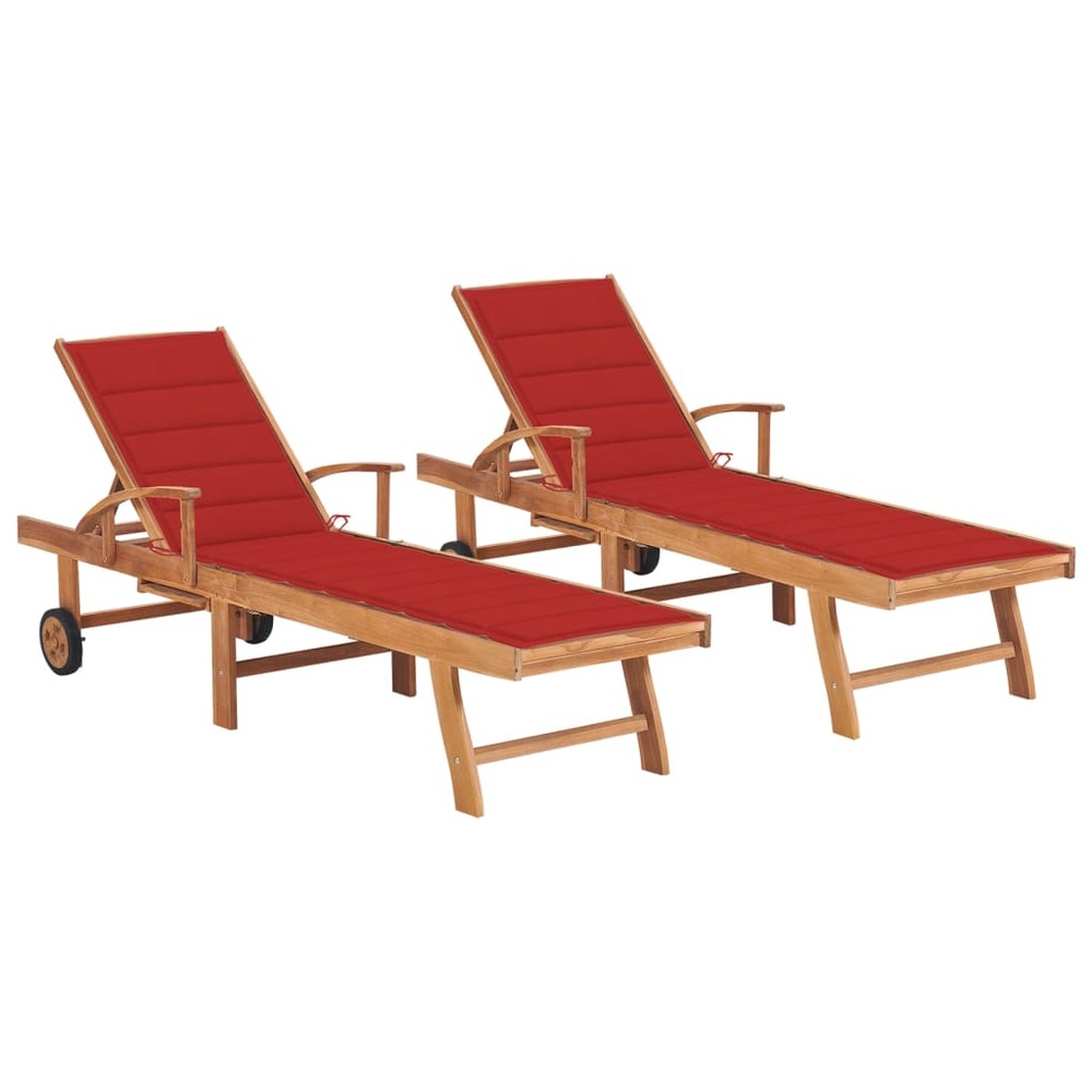 Lot de 2 transats chaise longue bain de soleil lit de jardin terrasse meuble d'extérieur avec coussin rouge bois de teck soli