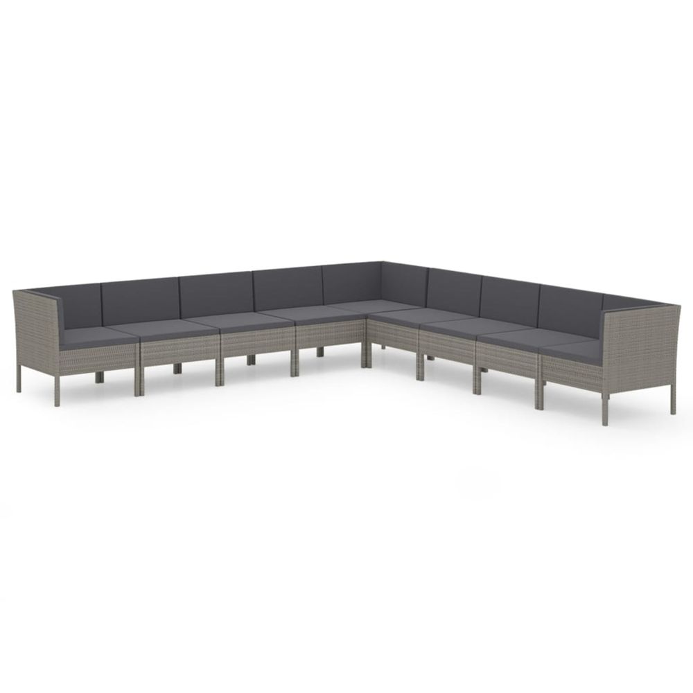 Salon de jardin 9 pcs avec coussins résine tressée gris