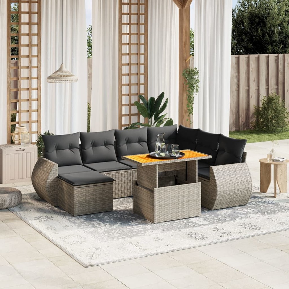 Salon de jardin 8 pcs avec coussins gris résine tressée
