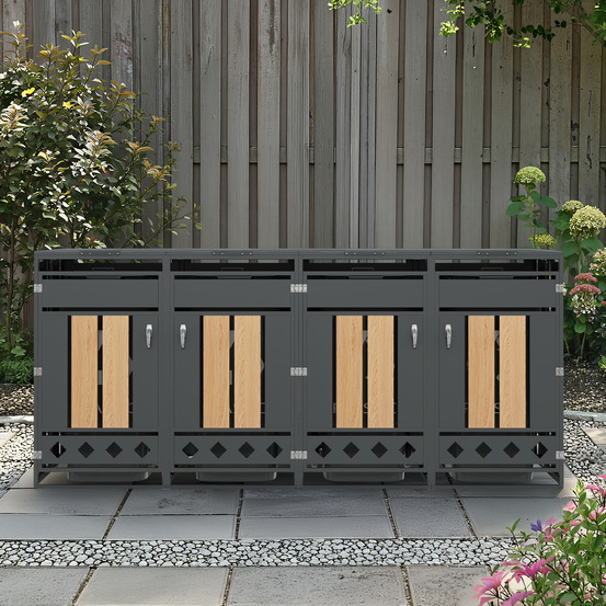 Boîte à poubelles couvercle rabattable, verrouillable, 4 portes, rangement, aspect bois vertical, socle creux losangé
