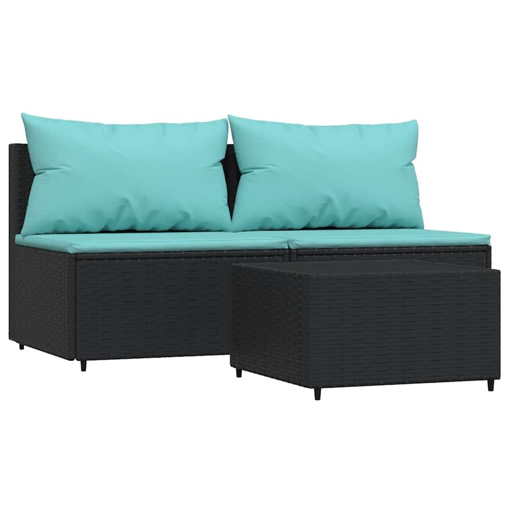 Salon de jardin 3 pcs avec coussins noir résine tressée