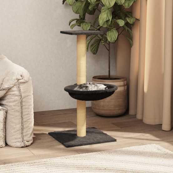 Griffoir pour chat avec hamac et poteau en sisal 74 cm, petit arbre à chat stable en peluche gris foncé