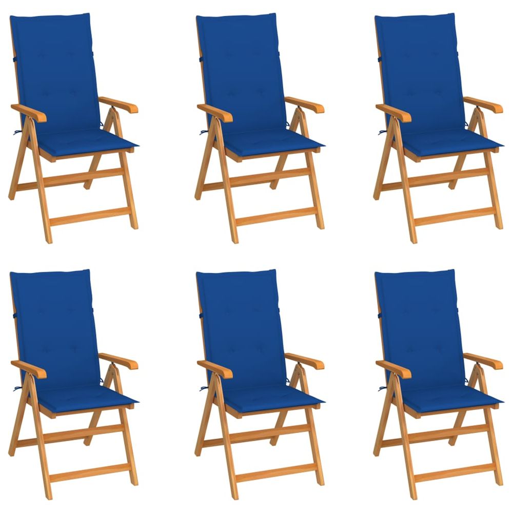 Ensemble de 6 chaises pliantes en teck massif avec coussins bleu roi