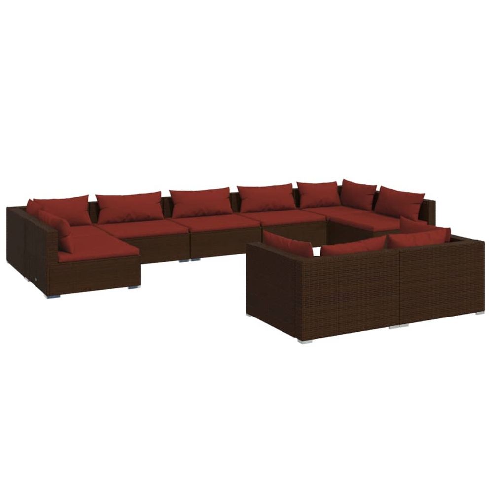 Salon de jardin 9 pcs avec coussins marron résine tressée