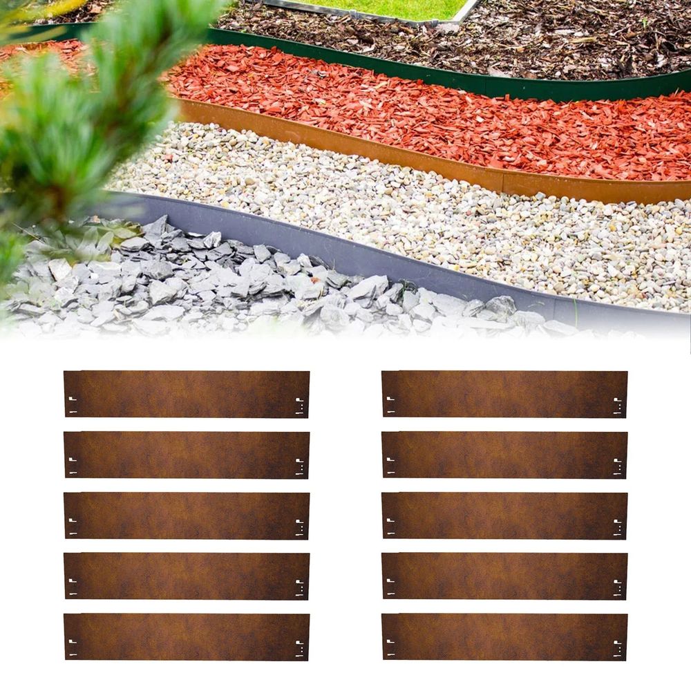Jeu de 10 bordure jardin acier corten, longueur 70 cm, 13,5 cm de hauteur, bordure de jardin - métal galvanisé à chaud