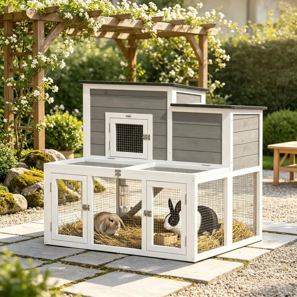 Clapier lapin en bois 97 x 75,5 x 90 cm gris 2 niveaux avec enclos sécurisé