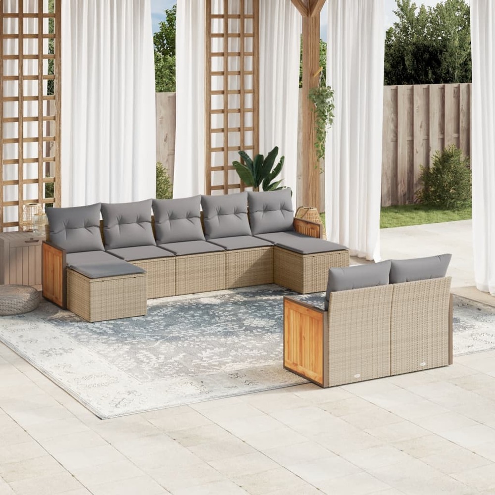 Salon de jardin avec coussins 9 pcs beige résine tressée