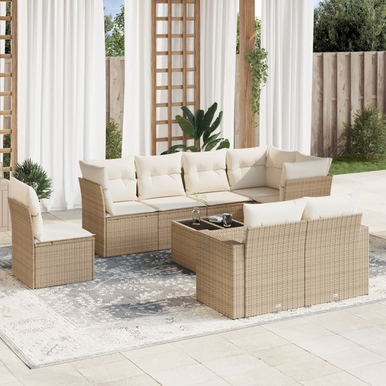 Salon de jardin avec coussins 9 pcs beige résine tressée