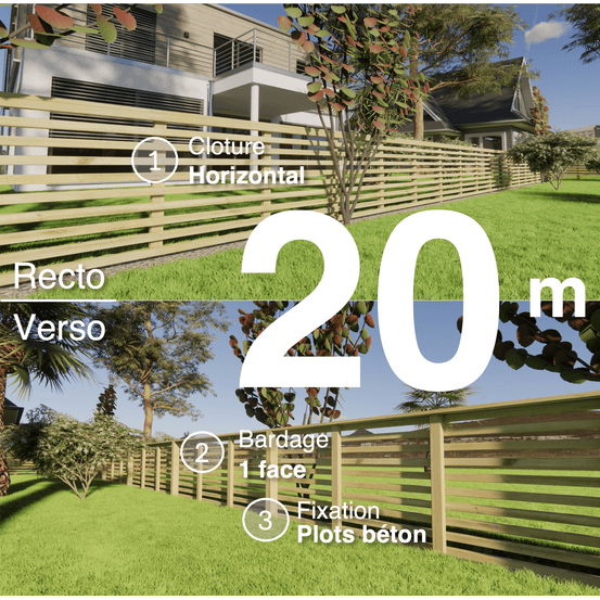 Kit clôture bois moderne 20m – h 0,9m – 45 x 45 mm autoclave – pose horizontal – simple face – à sceller