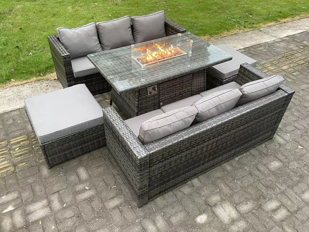 Extérieur en rotin meubles de jardin canapé set foyer à gaz table à manger chauffage au gaz brûleur avec canapé 3 places