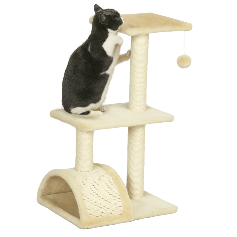 Arbre à chat multi-niveaux en bois avec griffoirs sisal et plateformes 72 cm crème