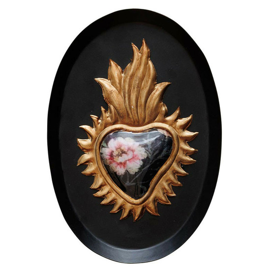 Cadre ovale ex-voto fleuri noir doré 14x20cm