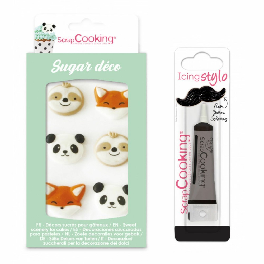 6 décors sucrés animaux de la forêt + stylo de glaçage noir