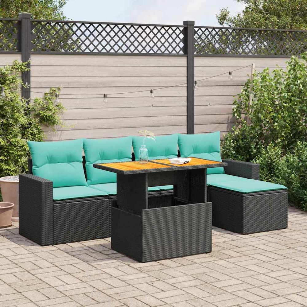 Salon de jardin 6 pcs avec coussins noir résine tressée