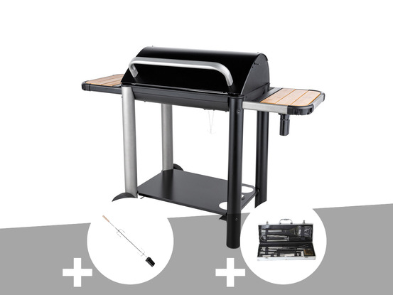 Barbecue charbon vulcano 3000 + kit tournebroche + malette 8 accessoires inox