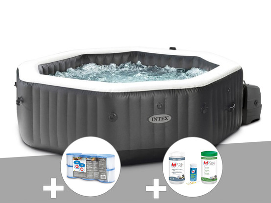 Kit spa gonflable purespa carbone octogonal bulles et jets 4 places + 12 filtre