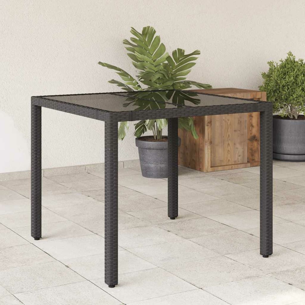 Table de jardin dessus en verre noir 90x90x75 cm résine tressée